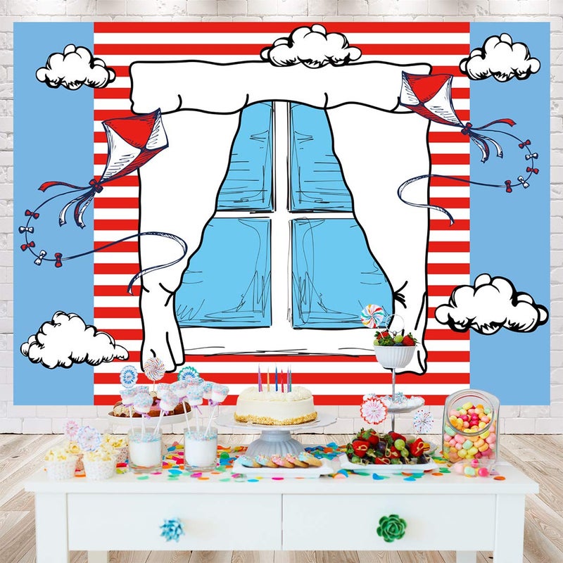 Ticuenicoa 7x5ft Cartoon Window Backdrops for Photography Kids Birthday Party Background Blue Red Kite Striped Kids Baby Shower Party Backdrop Boys Girls 1st Birthday Decorations Cake Table Banner - Image 4